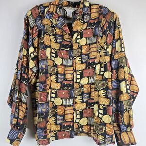 Annie Alexander Women's 100% Silk Bags Print Long Sleeve Button Down Shirt .E109